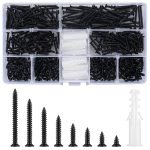 430 Pcs M3 Black Wood Screws Assortment Fasteners Kit, Cross Drive Head Countersunk Head Self-Tapping Screws, Assorted Flat Head Round Head Screws with 20 Pcs Plastic Wall Screw Anchors